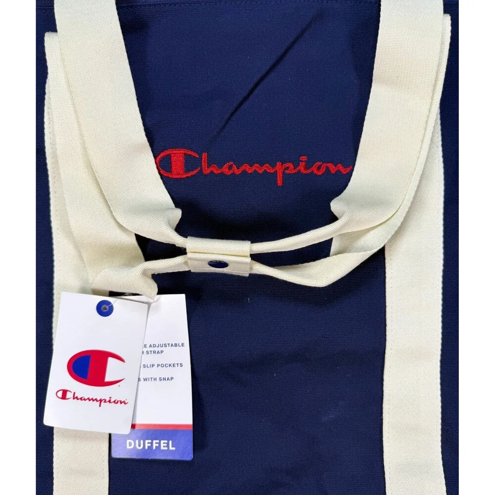 NWT Champion Canvas Duffel Bag Navy Blue Embroidered Logo Travel Weekender Gym